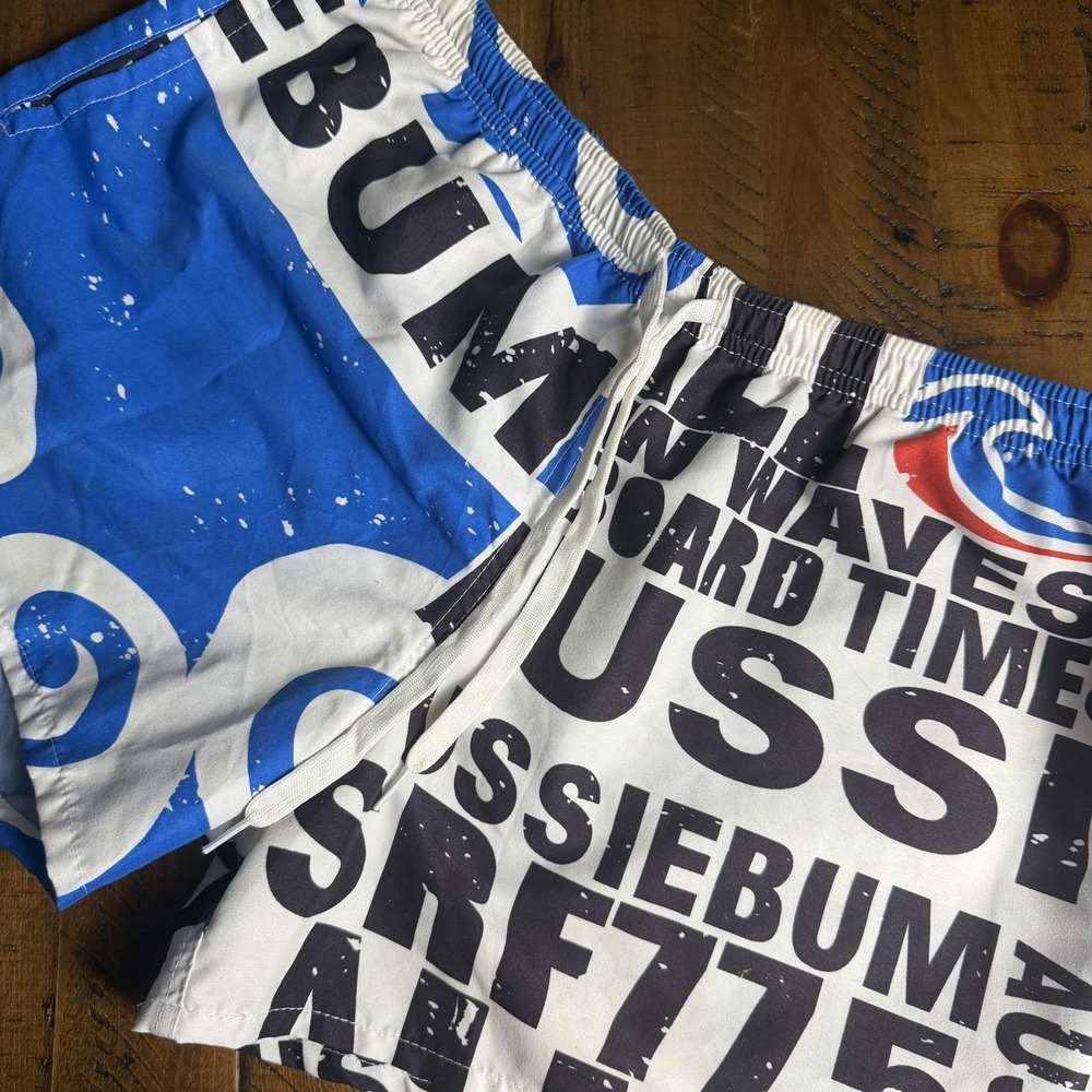 AussieBum Mens Blue White Graphic Print Swim Trunks Board Shorts Australia M